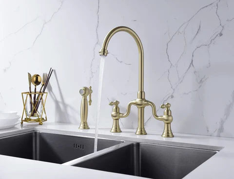 Brushed Gold Antique Bridge Kitchen Mixer with Pull Down Spray #202429 - Image 2