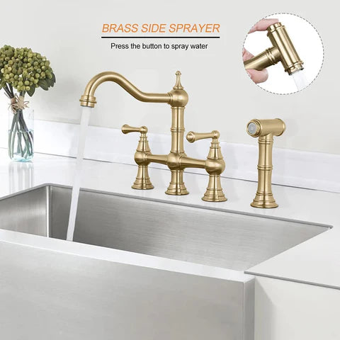 Brushed Gold Antique Bridge Kitchen Mixer with Pull Down Spray #202349 - Image 7