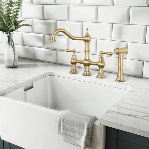 Brushed Gold Antique Bridge Kitchen Mixer with Pull Down Spray #202349 - Image 8