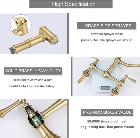 Brushed Gold Antique Bridge Kitchen Mixer with Pull Down Spray #202349 - Image 6