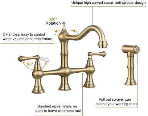Brushed Gold Antique Bridge Kitchen Mixer with Pull Down Spray #202349 - Image 5