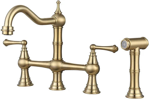Brushed Gold Antique Bridge Kitchen Mixer with Pull Down Spray #202349 - Image 2