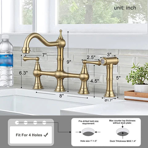 Brushed Gold Antique Bridge Kitchen Mixer with Pull Down Spray #202349 - Image 3