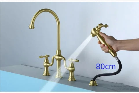 Brushed Gold Antique Bridge Kitchen Mixer with Pull Down Spray #202429 - Image 8