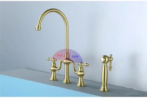 Brushed Gold Antique Bridge Kitchen Mixer with Pull Down Spray #202429 - Image 3